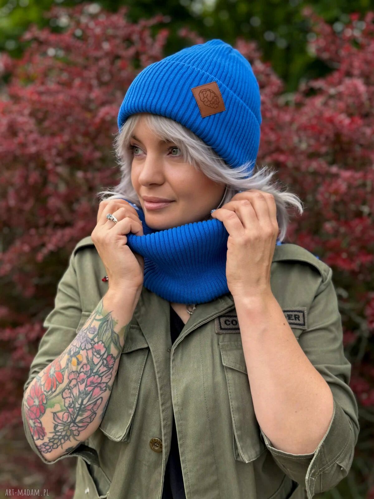 Bawełniana czapka beanie 2w1 z logo ekoskórka - Niebieski Kobalt