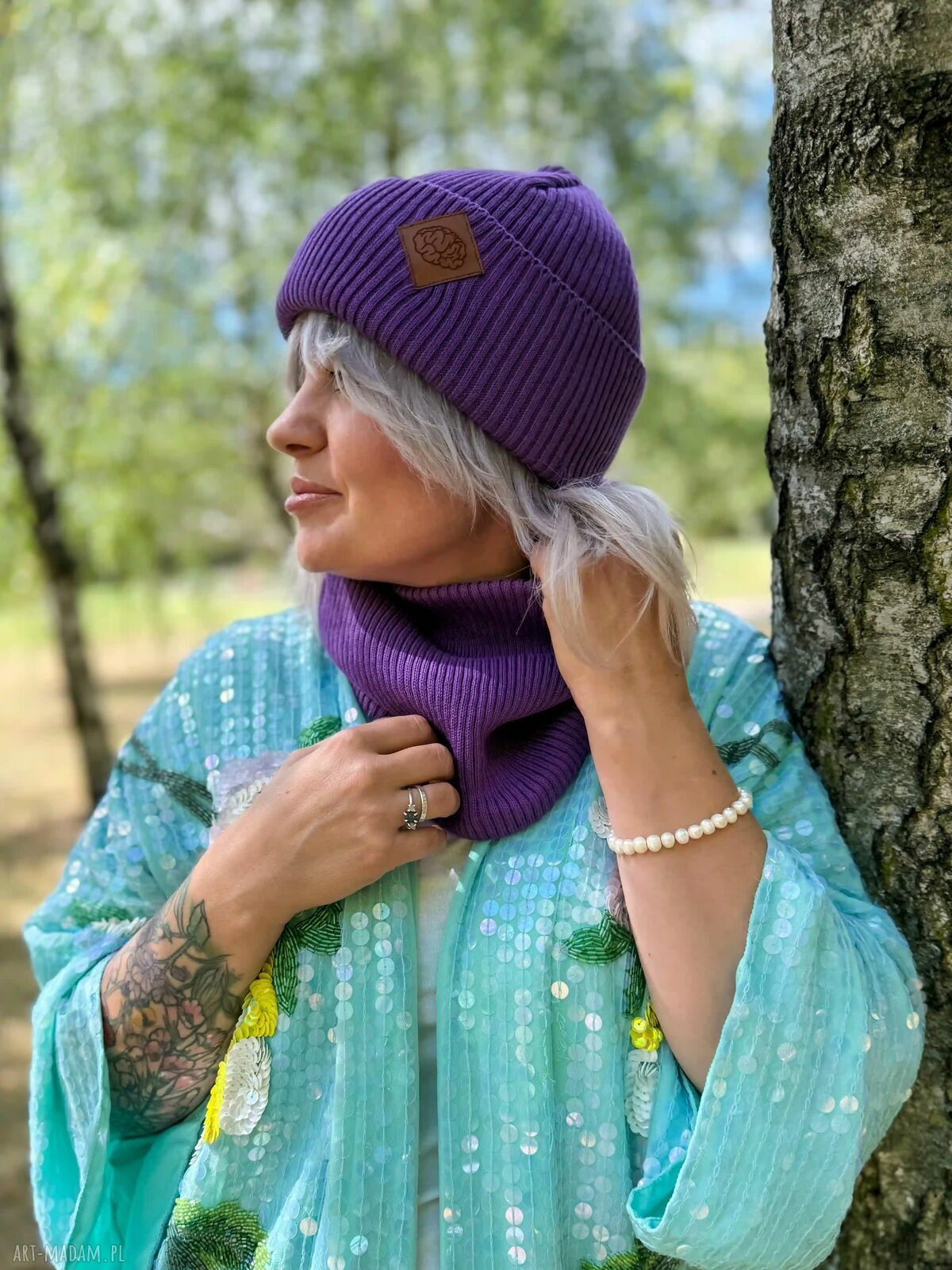 Bawełniana czapka beanie 2w1 Brain Inside - fioletowa z logo ekoskórka