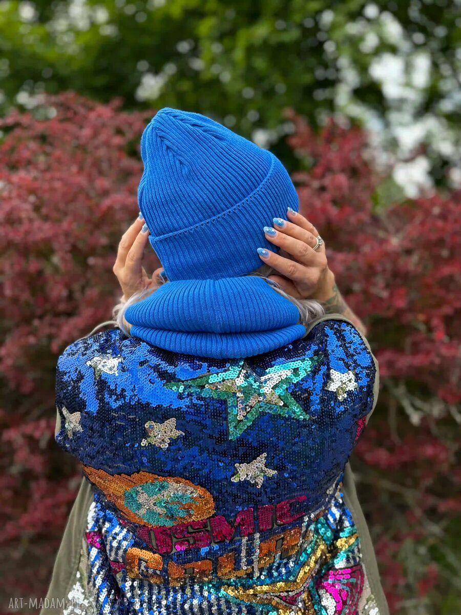 Bawełniana czapka beanie 2w1 z logo ekoskórka - Niebieski Kobalt