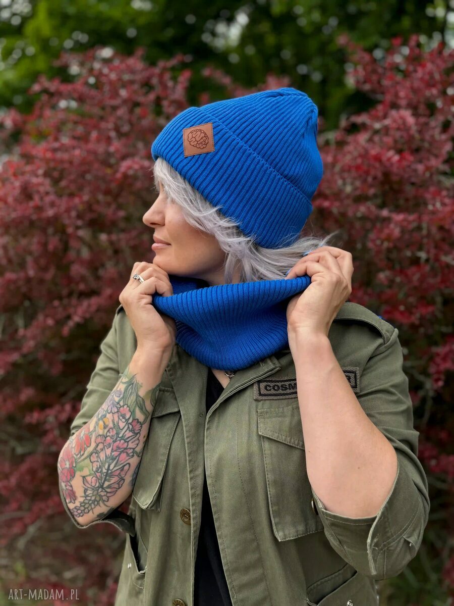 Bawełniana czapka beanie 2w1 z logo ekoskórka - Niebieski Kobalt