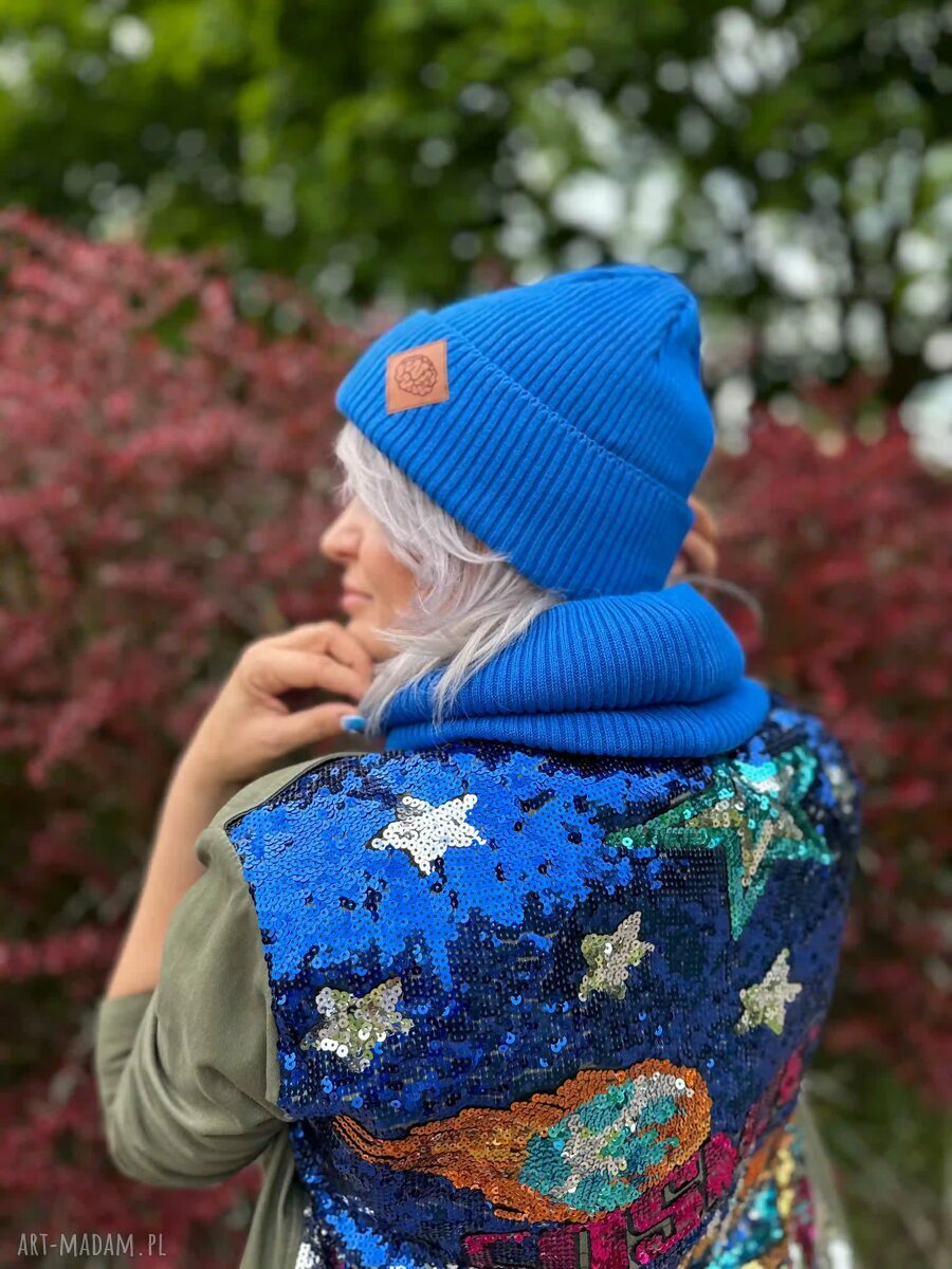 Bawełniana czapka beanie 2w1 z logo ekoskórka - Niebieski Kobalt