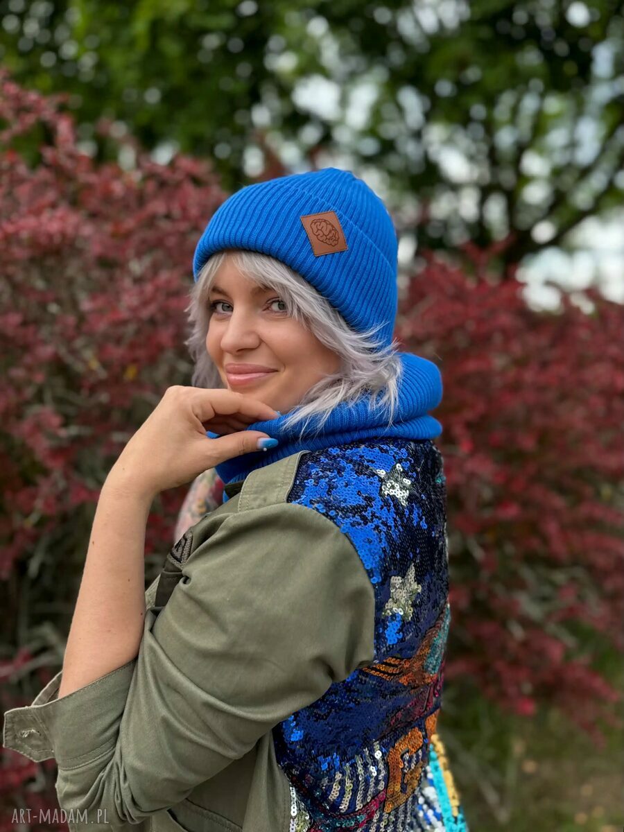 Bawełniana czapka beanie 2w1 z logo ekoskórka - Niebieski Kobalt