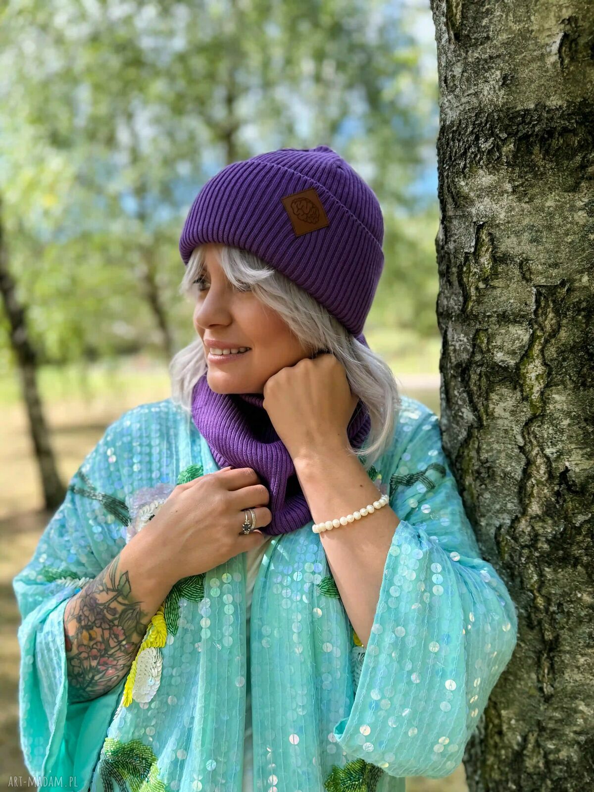 Bawełniana czapka beanie 2w1 Brain Inside - fioletowa z logo ekoskórka