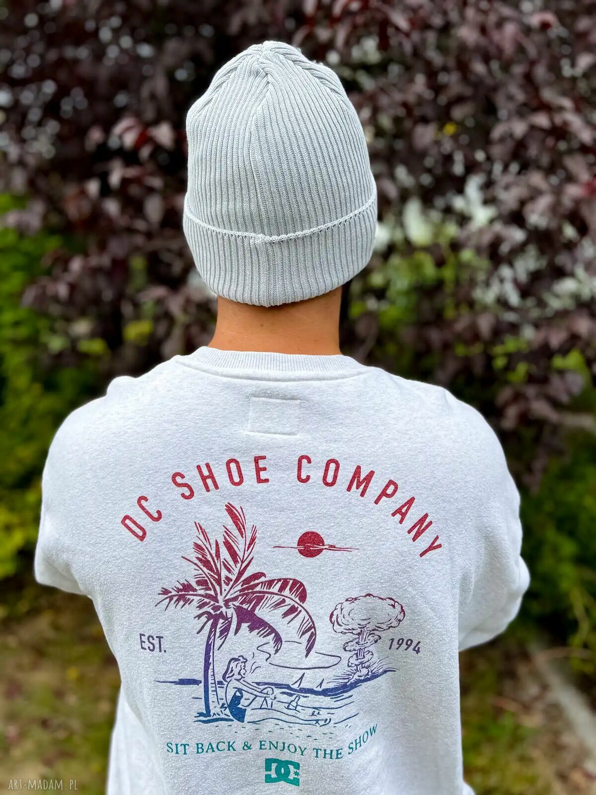 Męska bawełniana czapka beanie 2w1 - jasny szary z logo ekoskórki