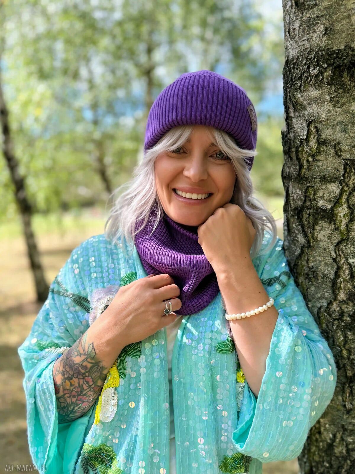 Bawełniana czapka beanie 2w1 Brain Inside - fioletowa z logo ekoskórka