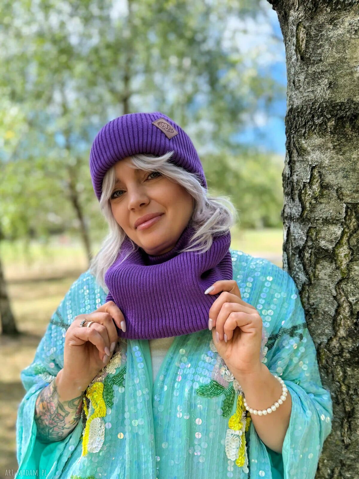 Bawełniana czapka beanie 2w1 Brain Inside - fioletowa z logo ekoskórka