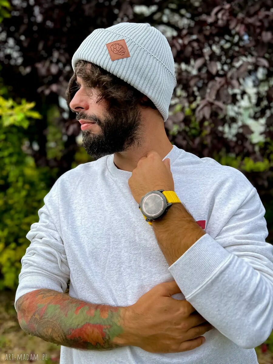 Męska bawełniana czapka beanie 2w1 - jasny szary z logo ekoskórki