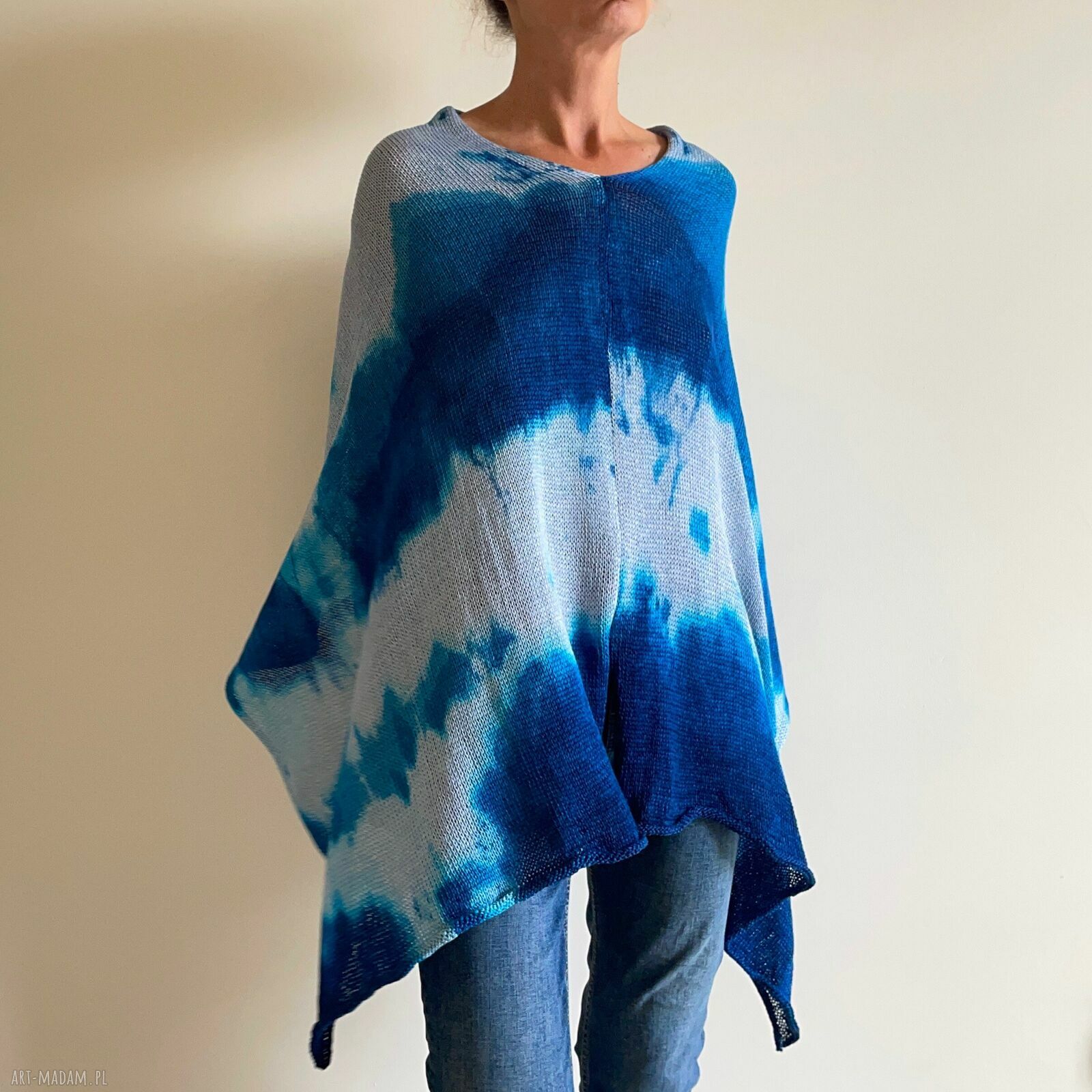 Narzutka bawełniana Blue&Gray - ręcznie barwione poncho Anna Damzyn
