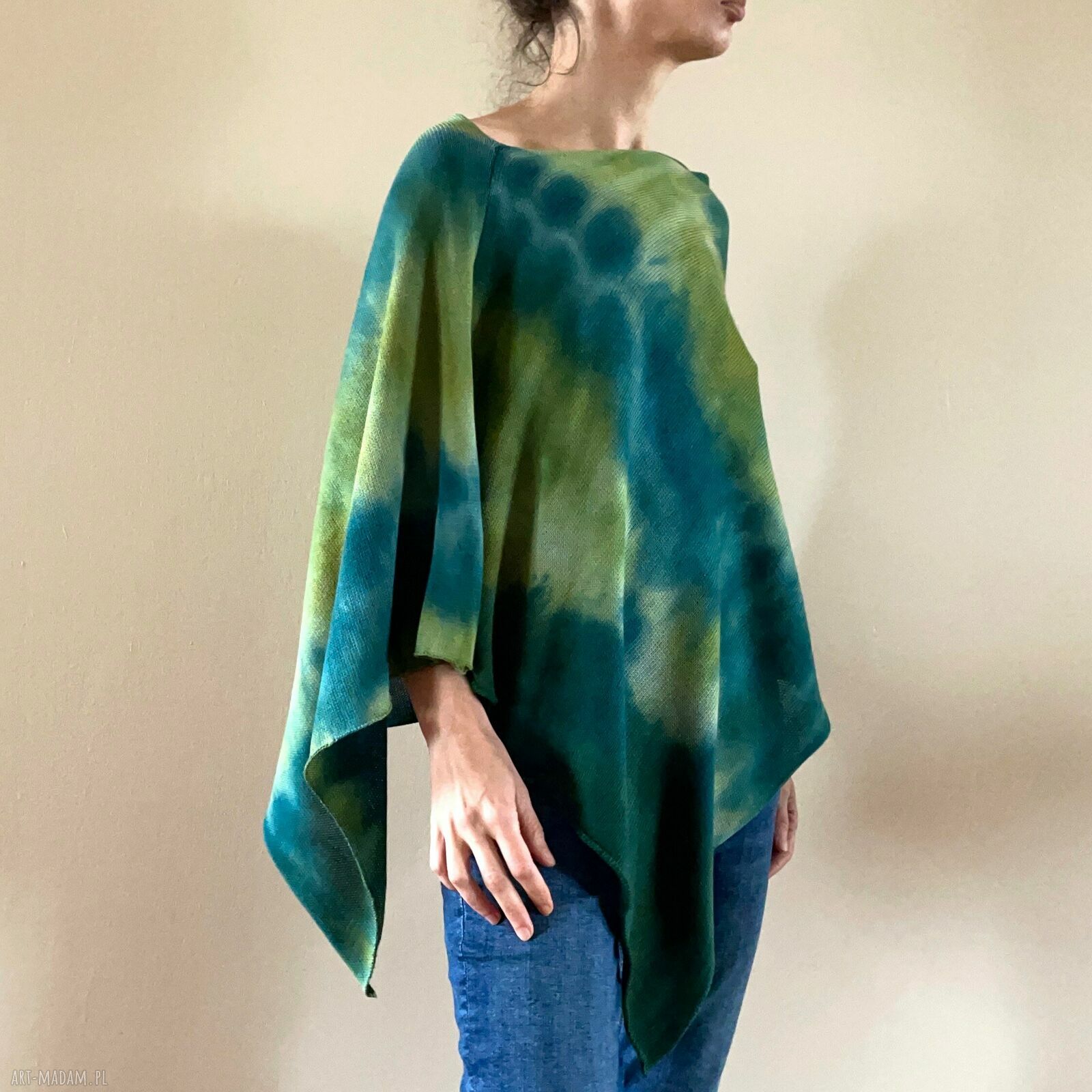 Narzutka bawełniana oliwka i morski - ponczo tunika handmade