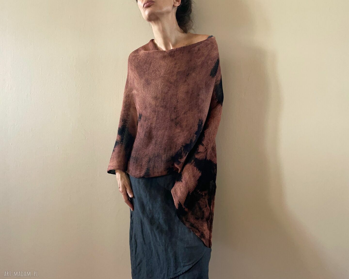 Narzutka bawełniana brown&black - ręcznie barwione ponczo tunika (one size)