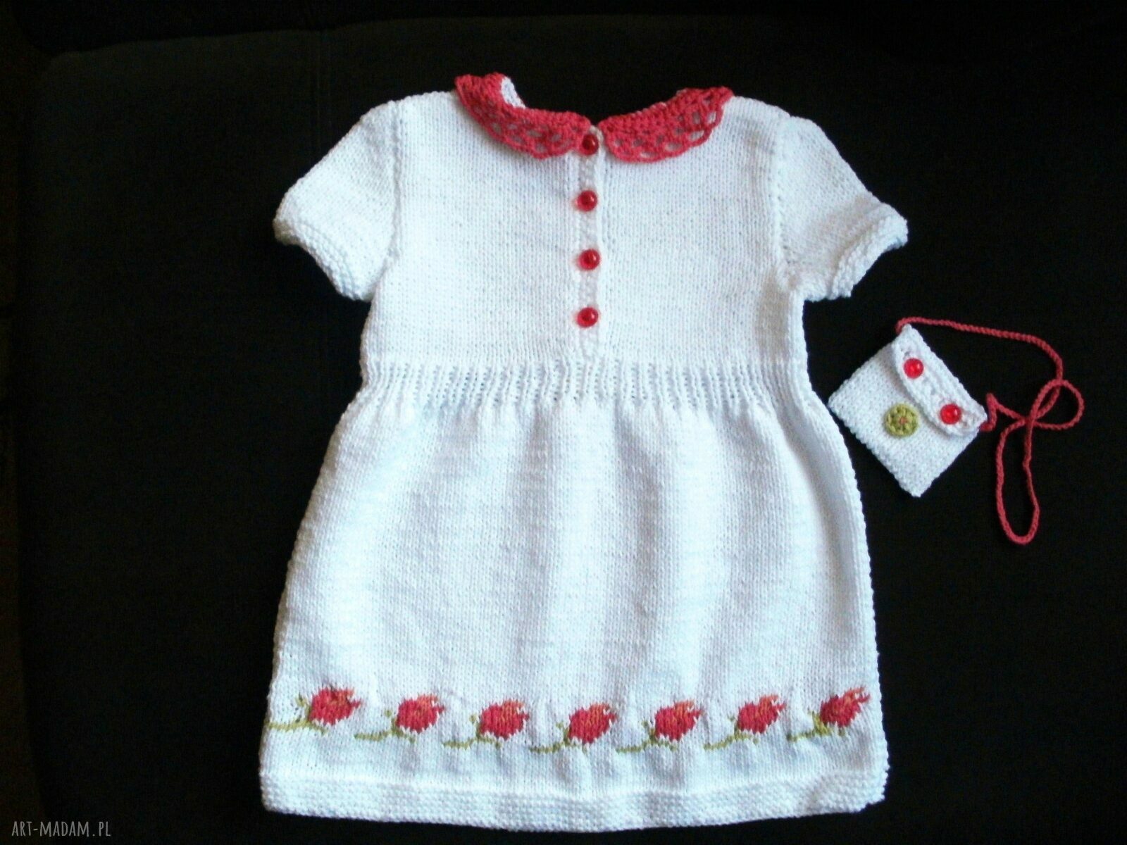 Bawełniana sukienka „Tulipany” - handmade na drutach i szydełku, rozmiar 86