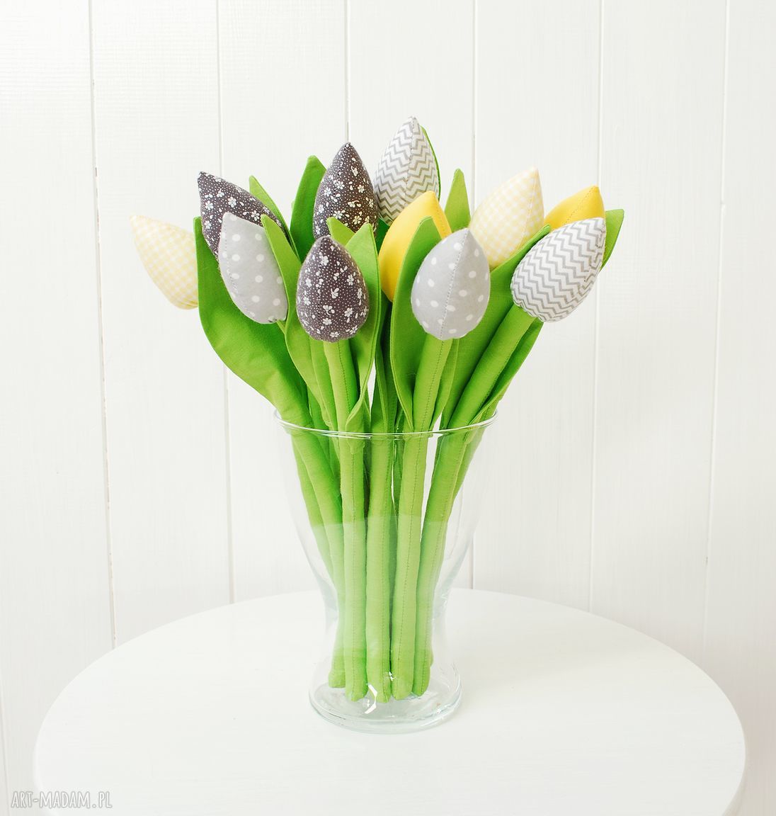 Tulipany z bawełny - bukiet 10 szaro-żółtych kwiatuszków handmade