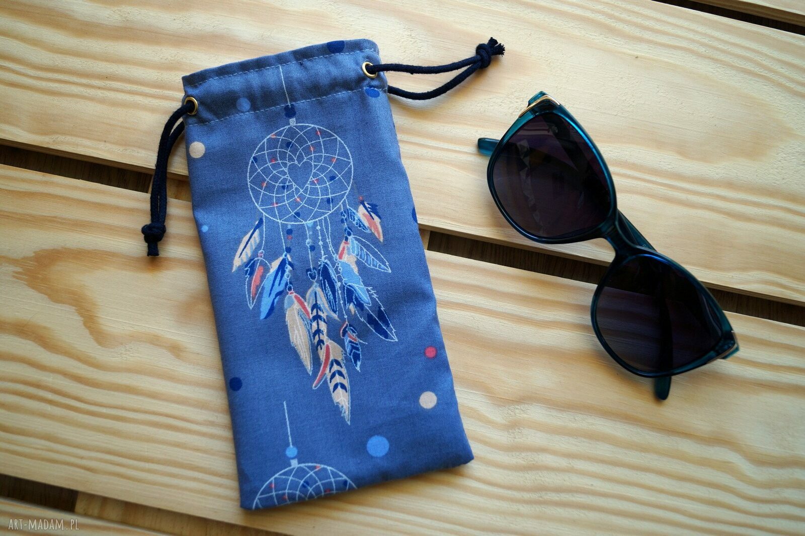 Bawełniane etui na okulary boho z łapaczami snów (niebieskie)