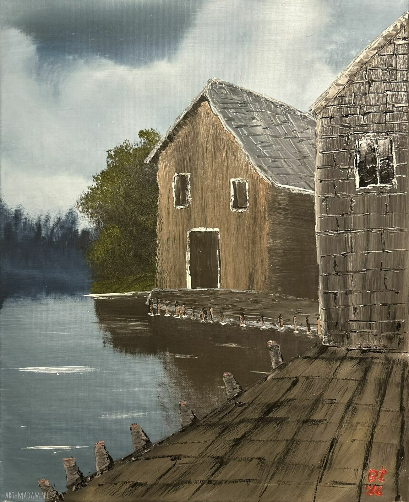 Oryginalny obraz olejny 40x50 cm - stara przystań nad wodą
