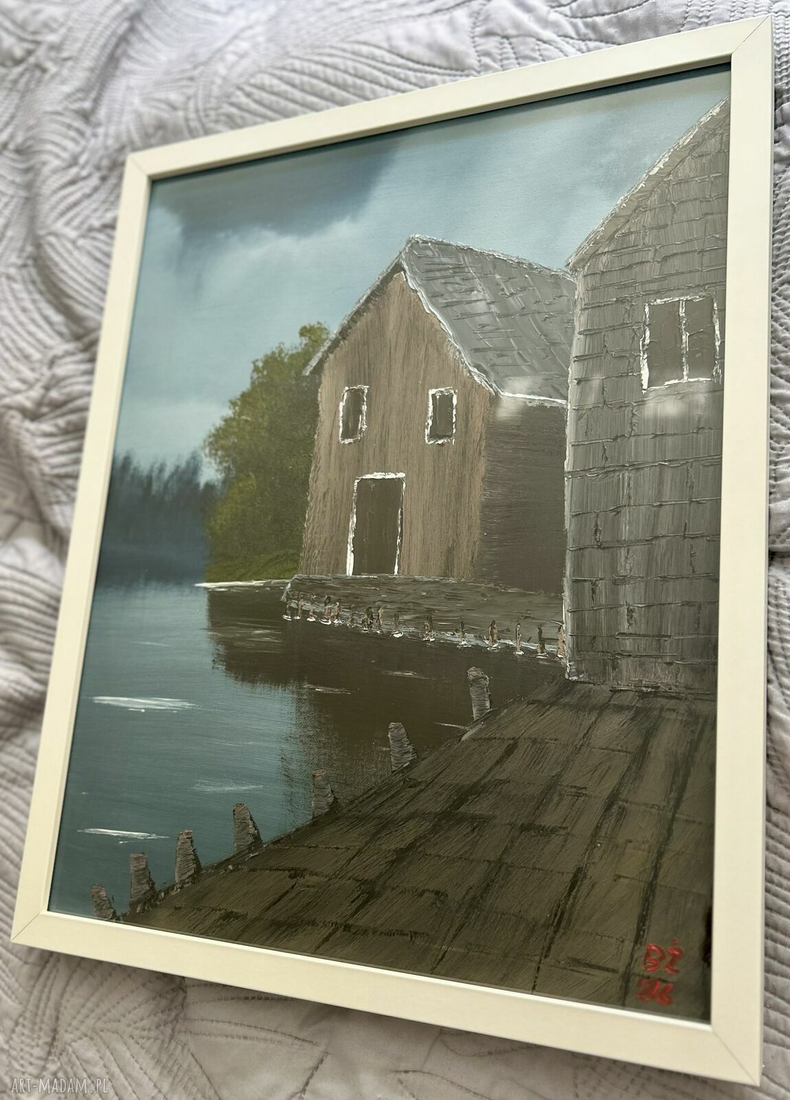 Oryginalny obraz olejny 40x50 cm - stara przystań nad wodą