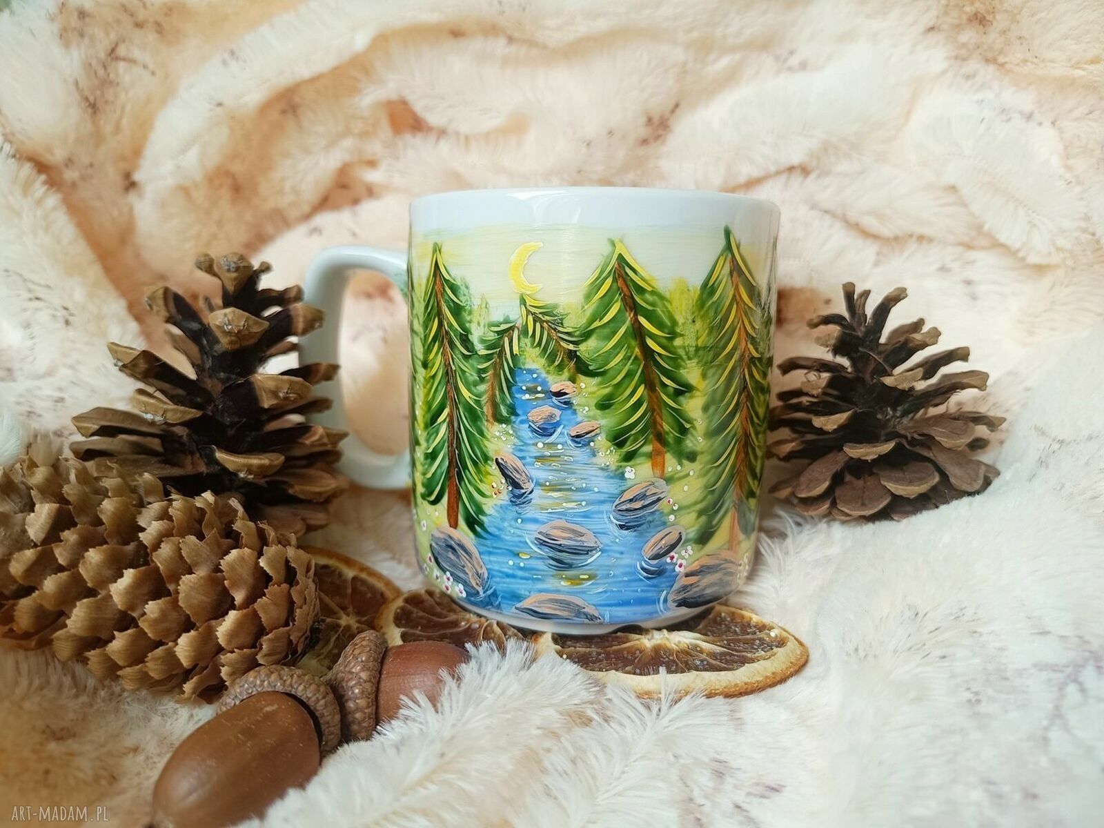 Bażant i czajka w pejzażu - ręcznie malowany kubek 270 ml z porcelany