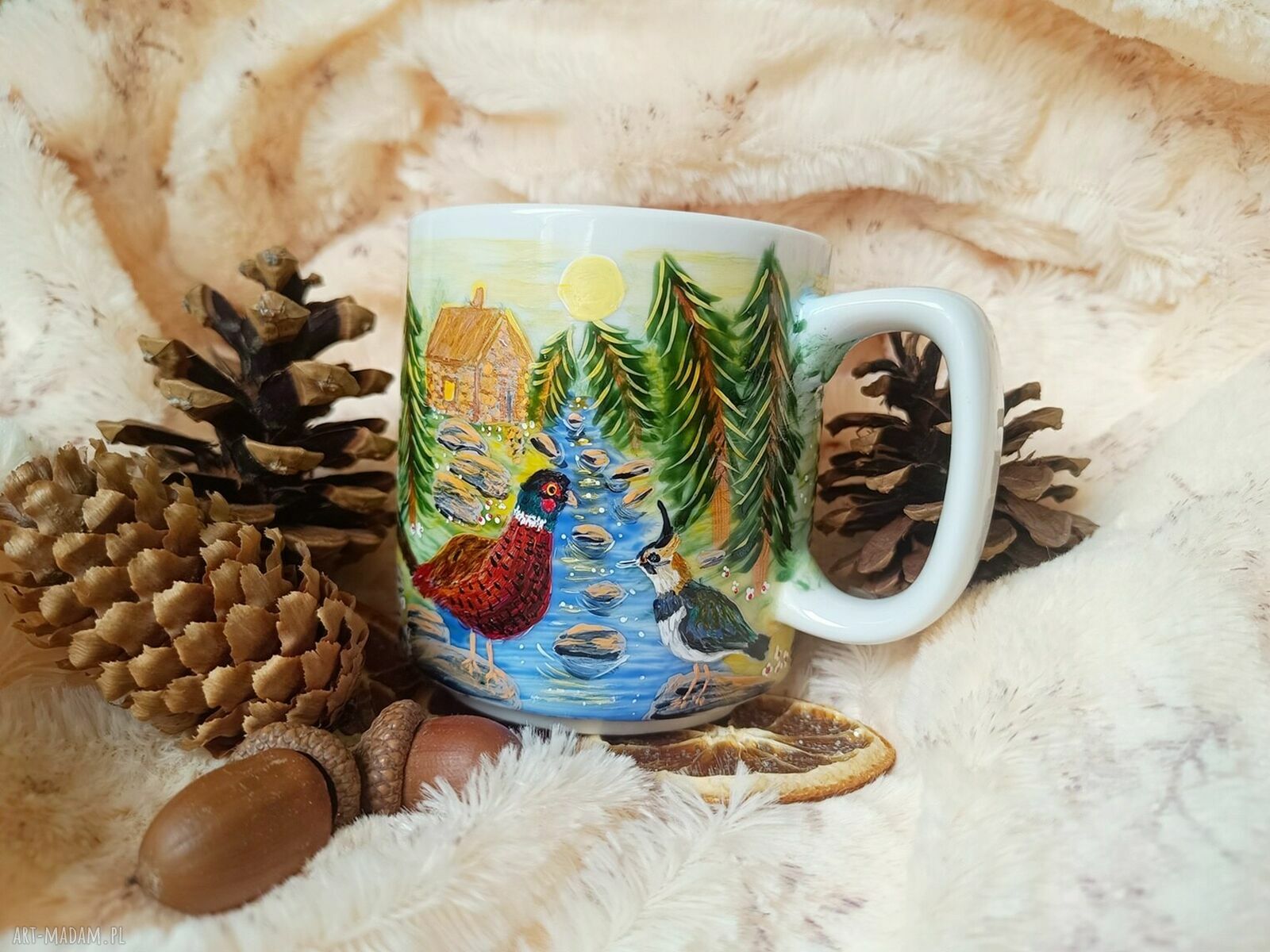 Bażant i czajka w pejzażu - ręcznie malowany kubek 270 ml z porcelany