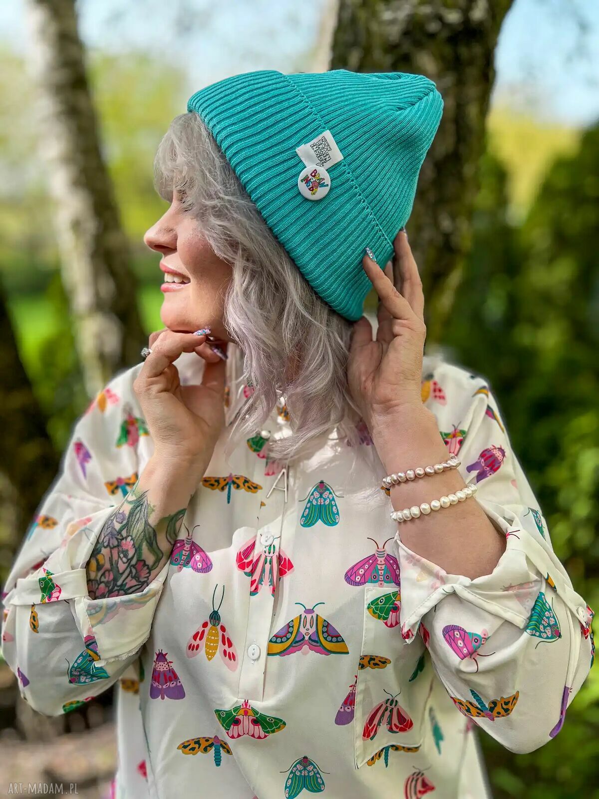 Czapka beanie z bawełny w kolorze turkusowym - logo Brain Inside na jesień