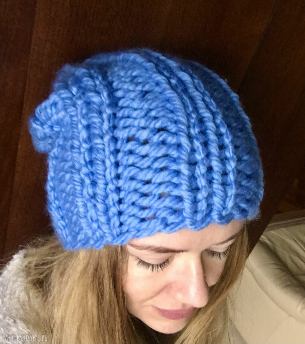 Ciepła czapka beanie ręcznie robiona na drutach - gruba włóczka