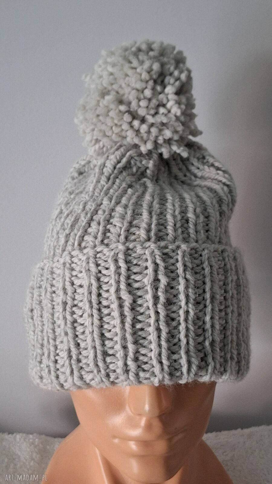 Czapka beanie handmade jasnoszara z pomponem - wełna i alpaka