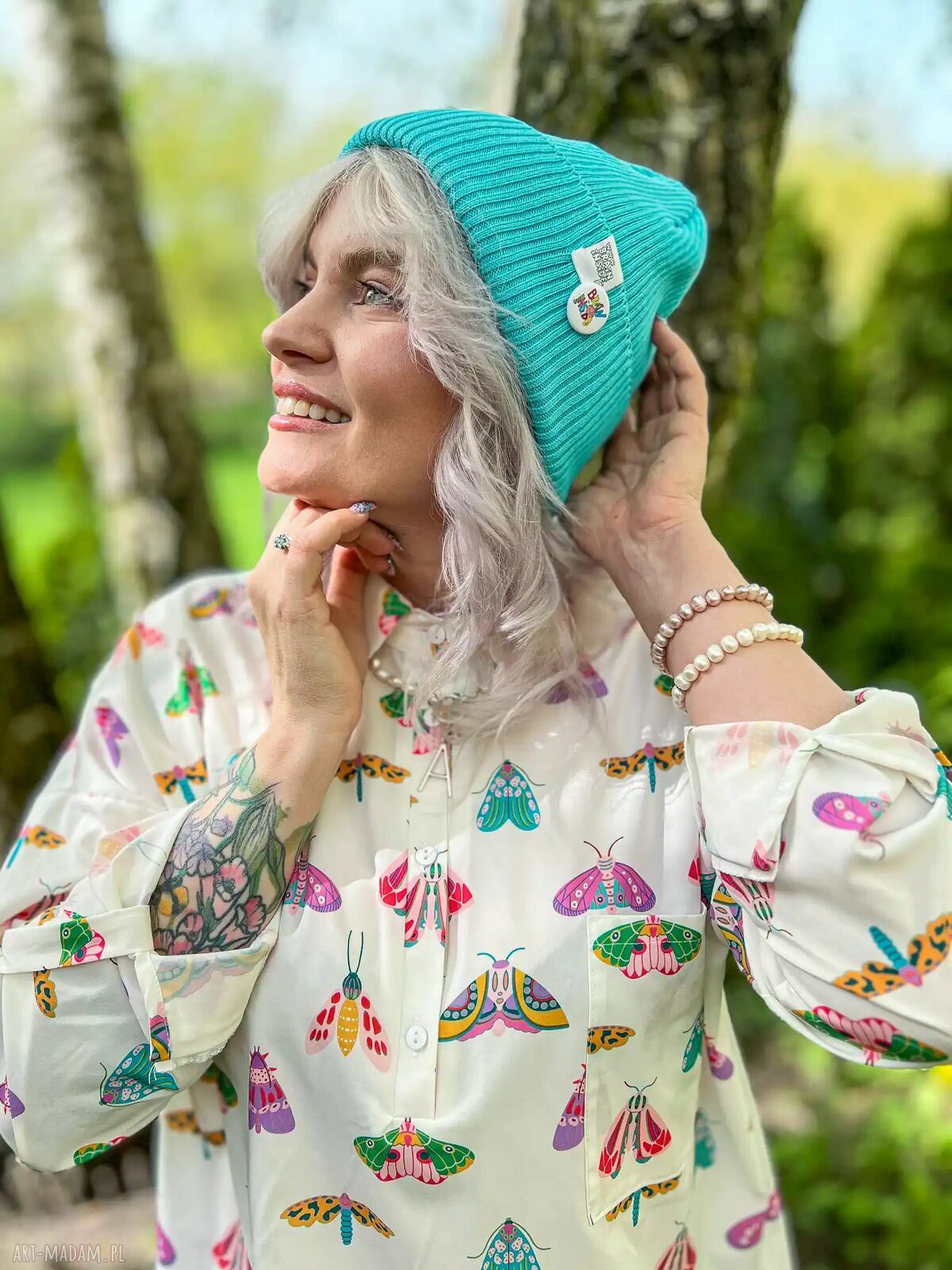 Czapka beanie z bawełny w kolorze turkusowym - logo Brain Inside na jesień
