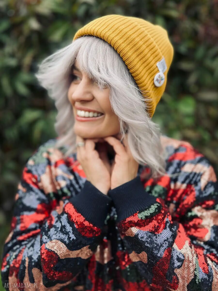 Czapka beanie z bawełny Brain Inside - miodowa musztarda z haftowanym logo