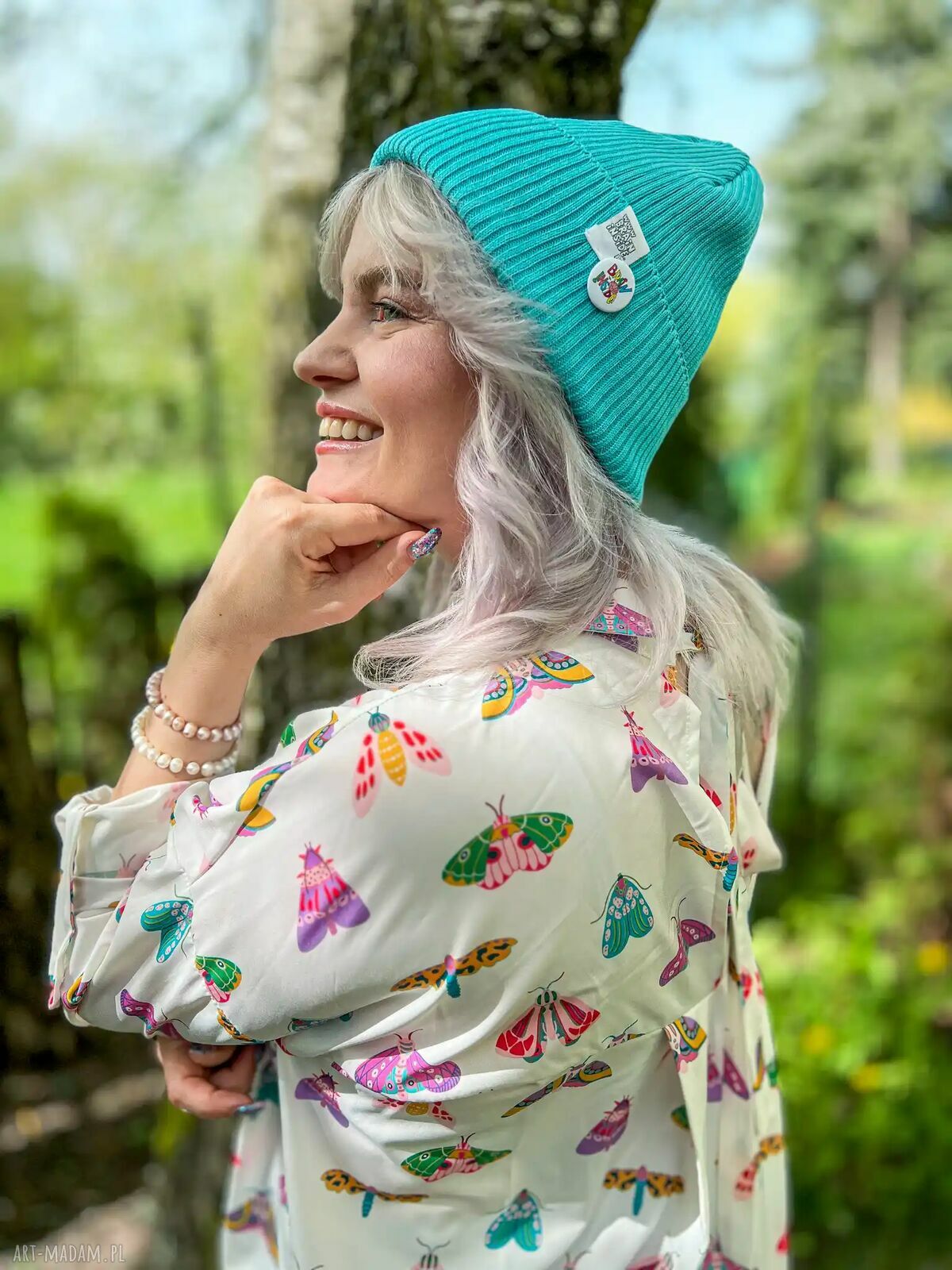 Czapka beanie z bawełny w kolorze turkusowym - logo Brain Inside na jesień