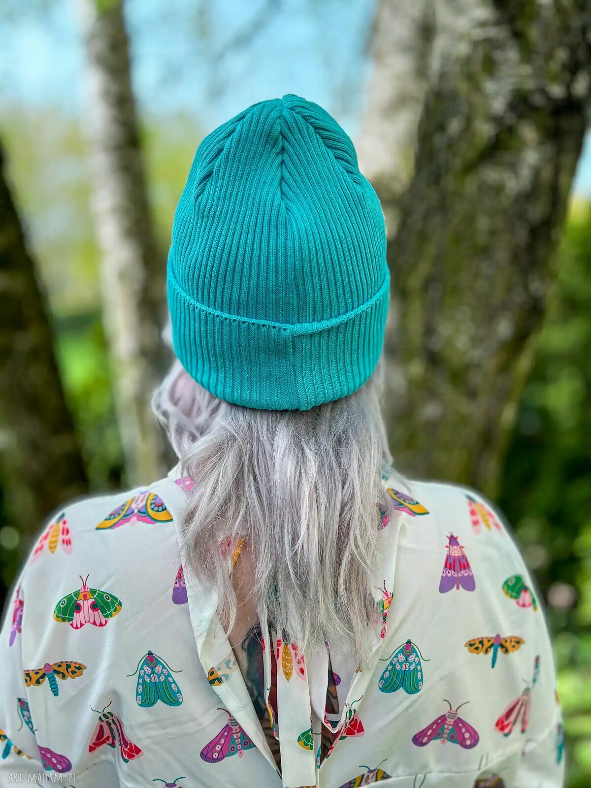 Czapka beanie z bawełny w kolorze turkusowym - logo Brain Inside na jesień