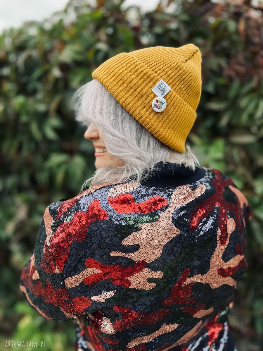 Czapka beanie z bawełny Brain Inside - miodowa musztarda z haftowanym logo