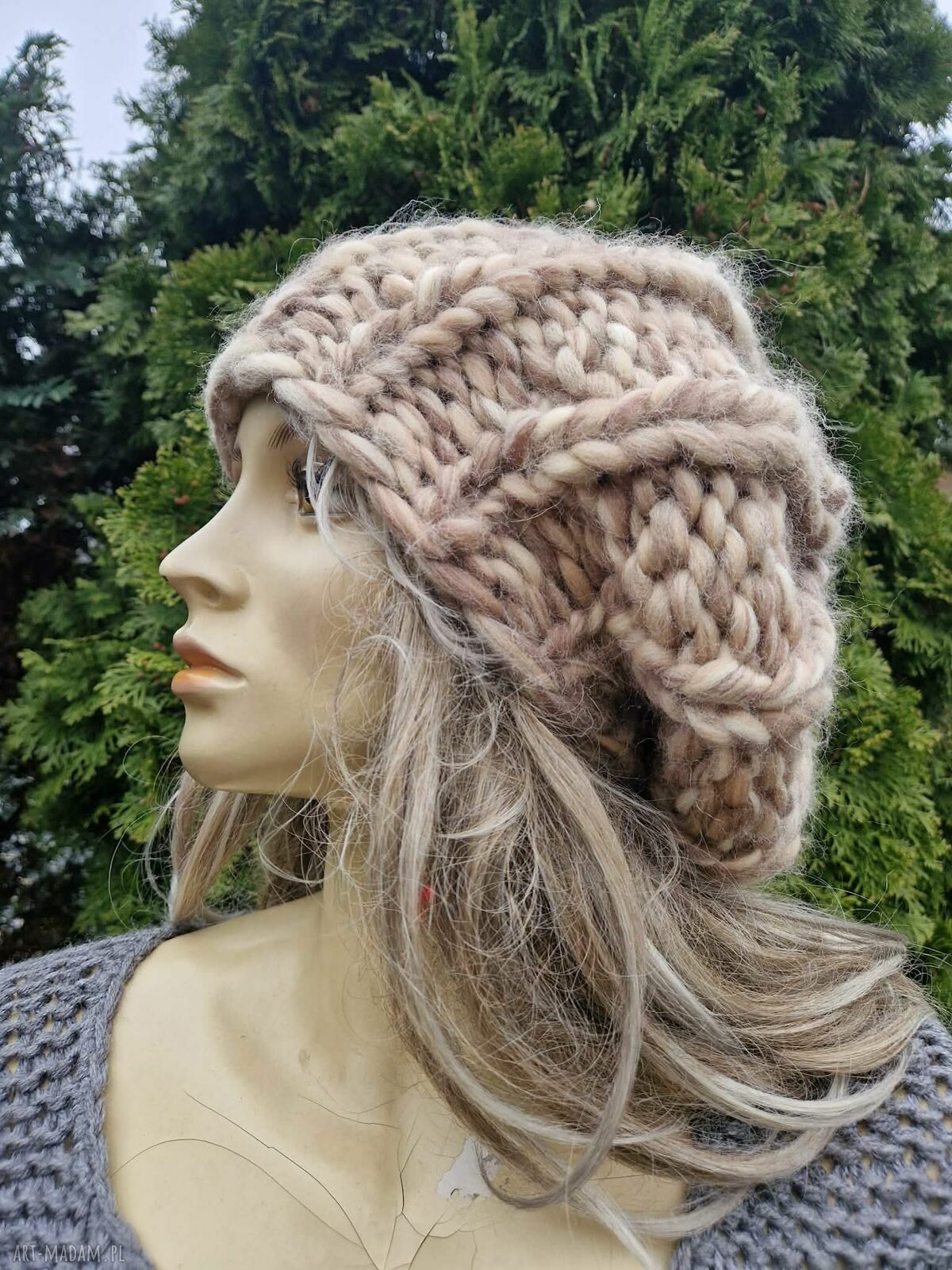 Beret z grubej wełny merynosa - ręcznie robiony damski oversize (100% merino)