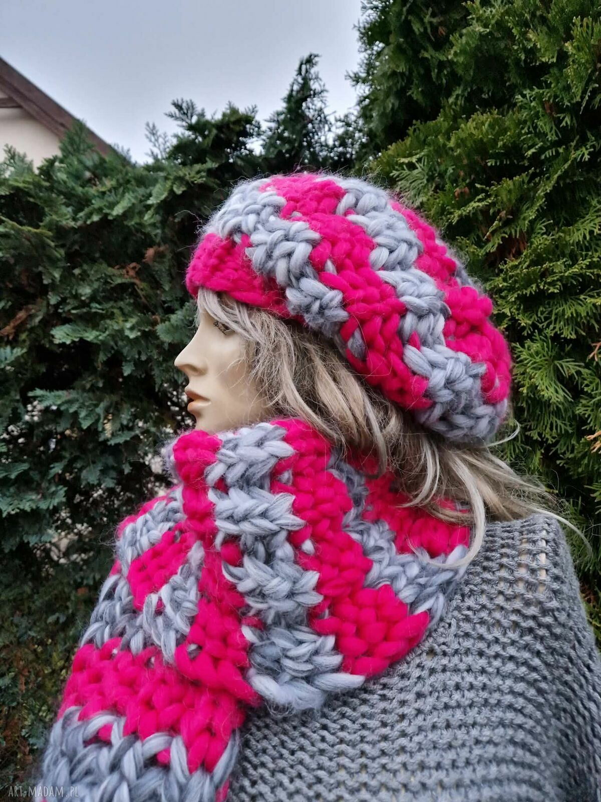 Wełniany komplet zimowy: beret i szalik super chunky z merynosa