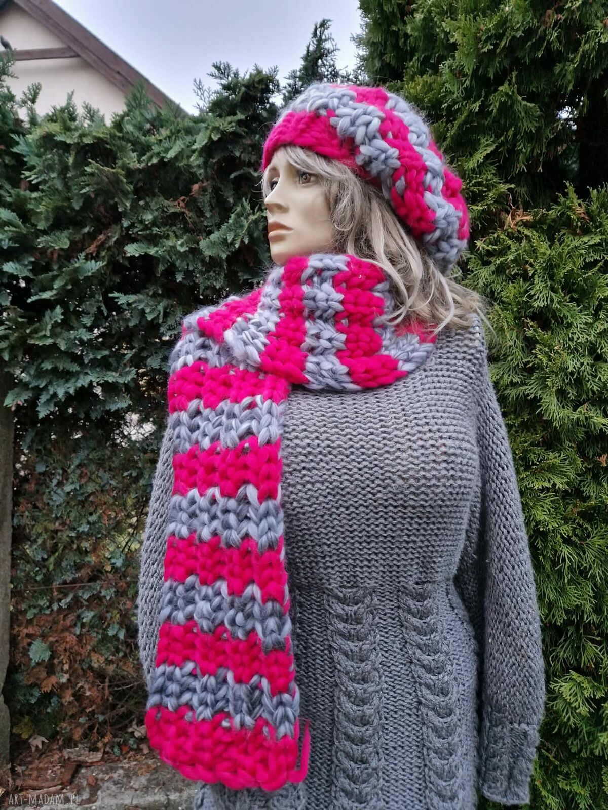 Wełniany komplet zimowy: beret i szalik super chunky z merynosa