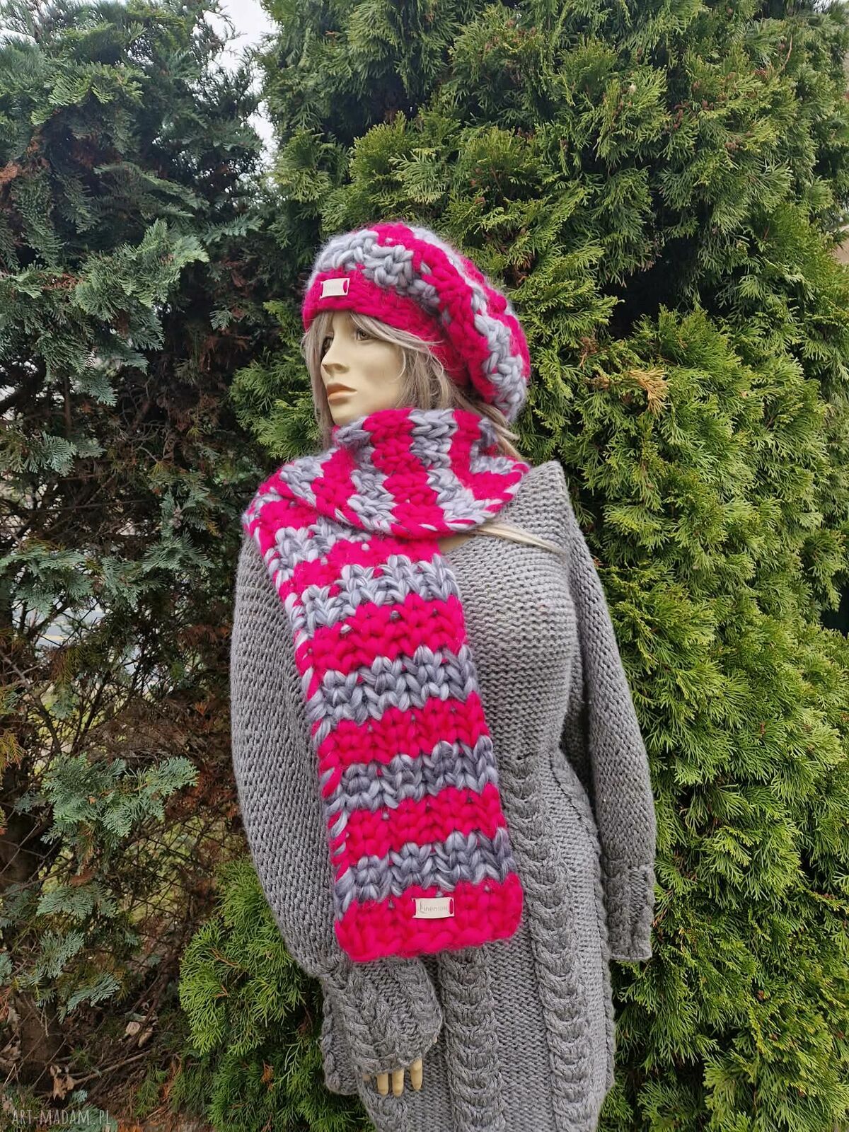 Wełniany komplet zimowy: beret i szalik super chunky z merynosa
