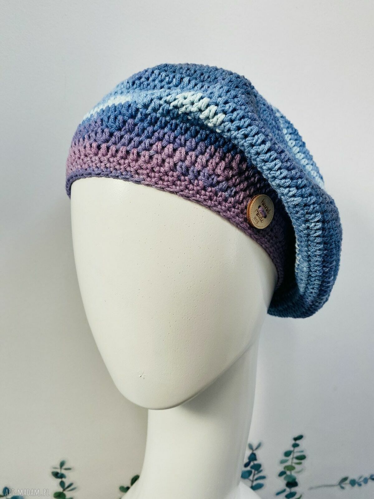 Wiosenny beret damski z antenką - ręcznie robiony z bawełny (OEKO-TEX), one size 54-58 cm