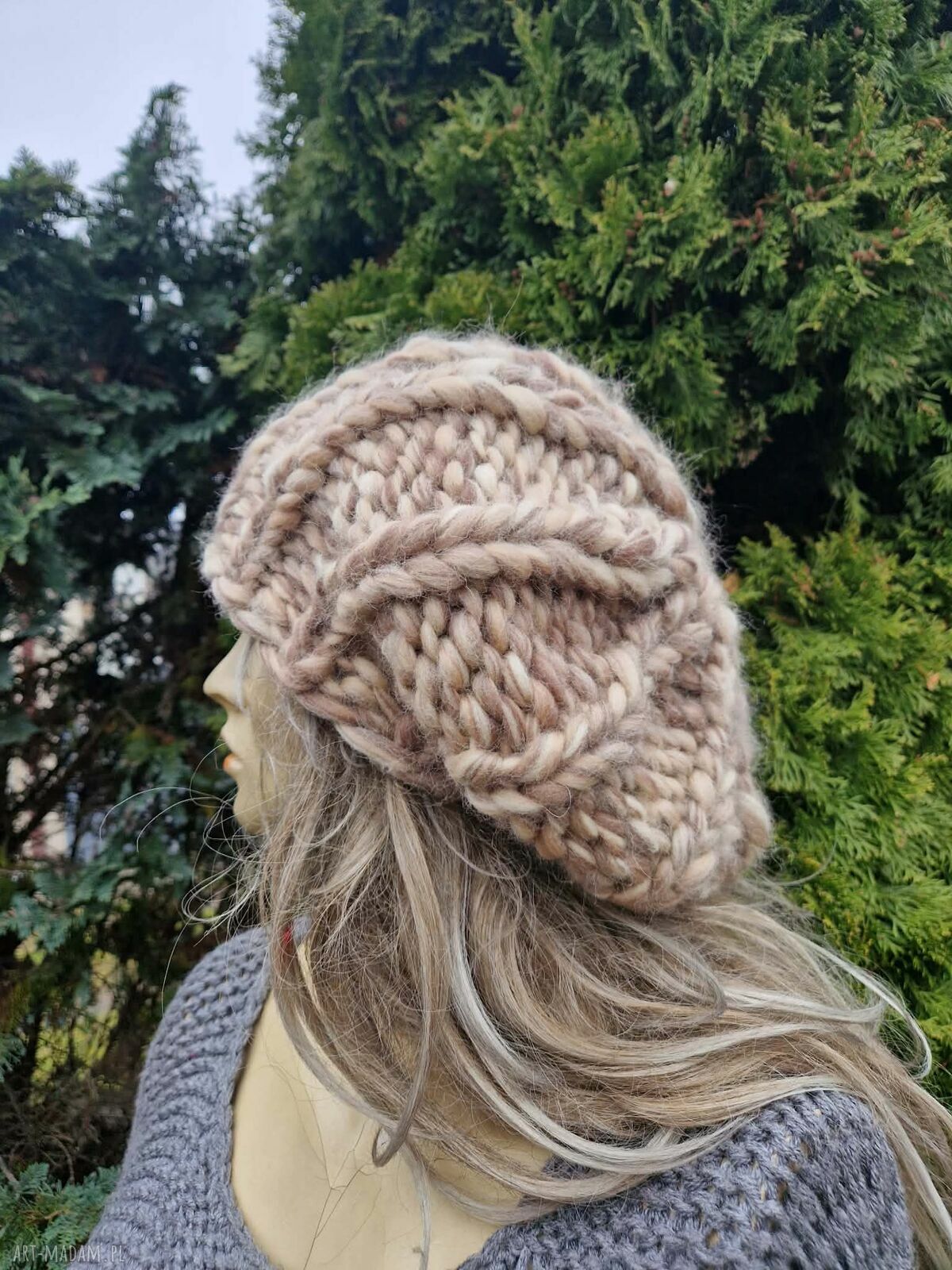 Beret z grubej wełny merynosa - ręcznie robiony damski oversize (100% merino)