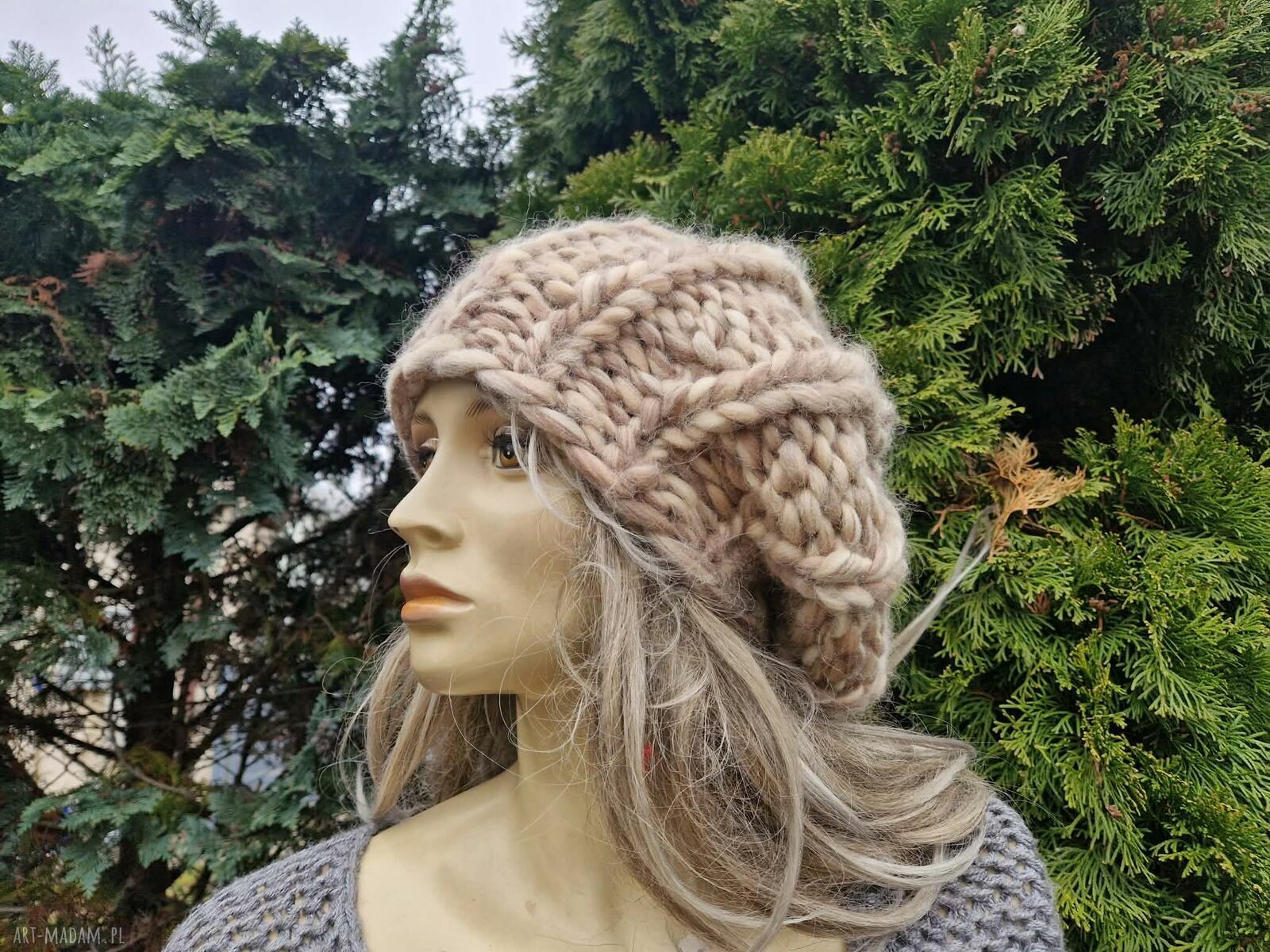 Beret z grubej wełny merynosa - ręcznie robiony damski oversize 100% merino