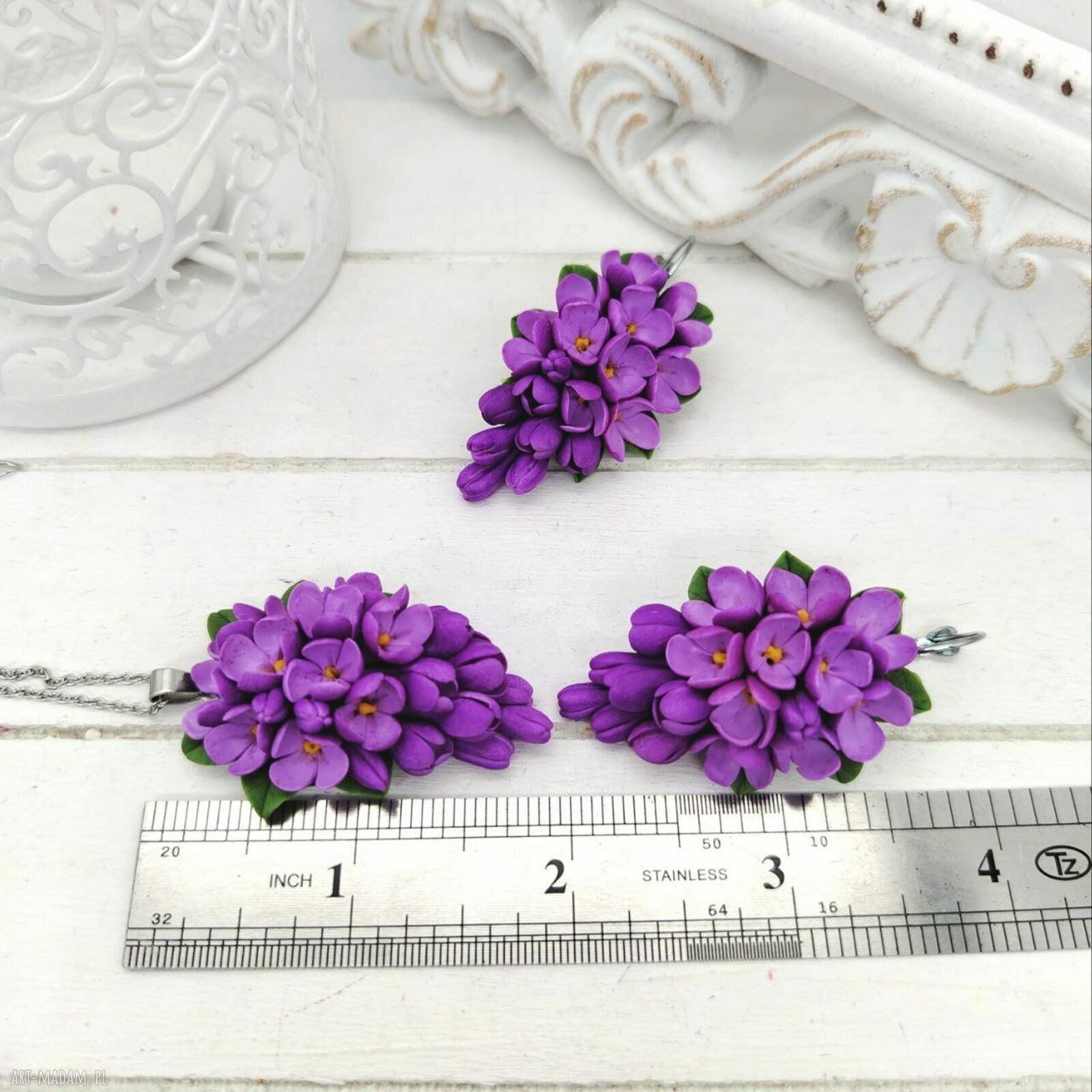Bez liliowy komplet z gałązką bzu - naszyjnik i kolczyki handmade na prezent
