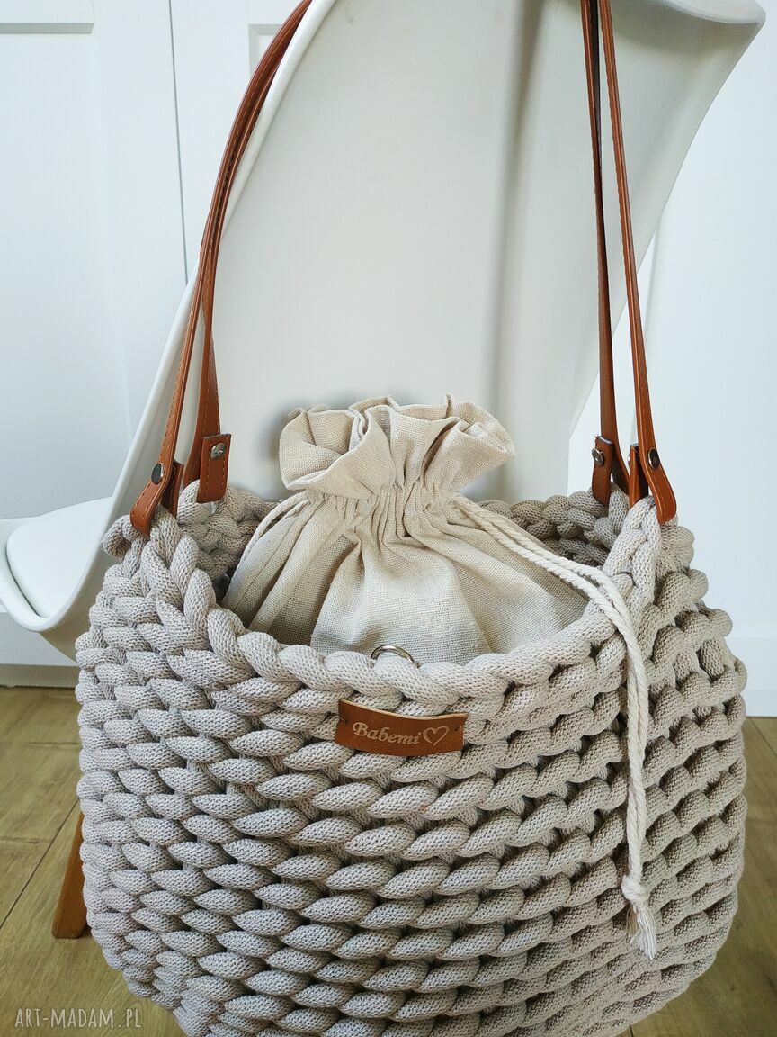 Beżowa torba na ramię Boho Weave Bag z sznurka bawełnianego i lnianą sakiewką