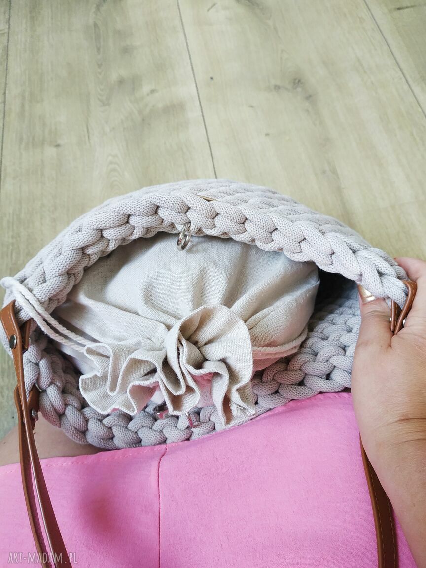 Beżowa torba na ramię Boho Weave Bag z sznurka bawełnianego i lnianą sakiewką
