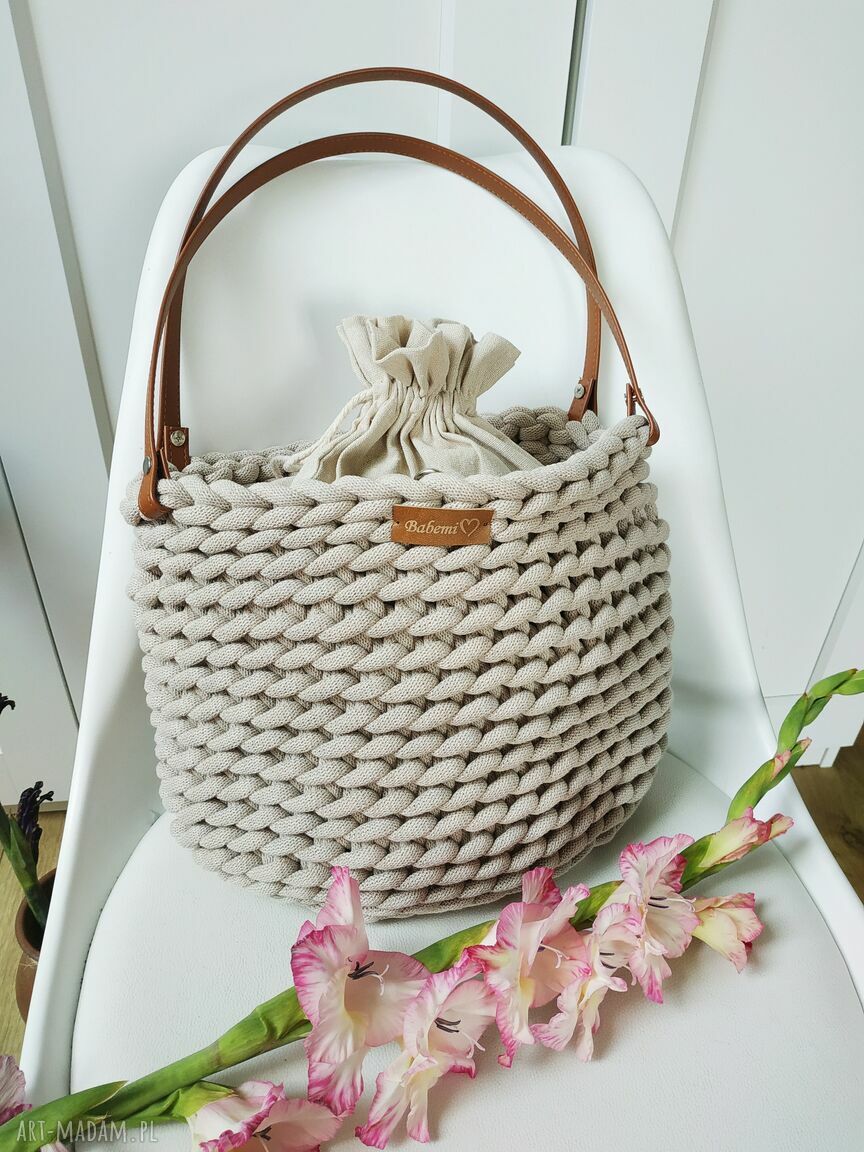 Beżowa torba na ramię Boho Weave Bag z sznurka bawełnianego i lnianą sakiewką