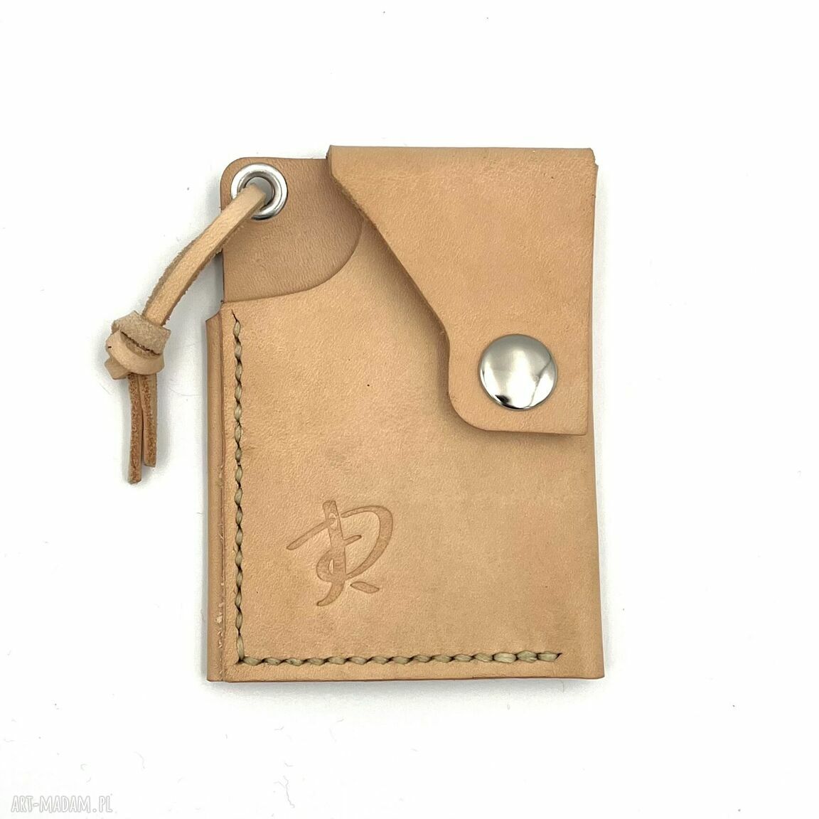 Beżowy minimalistyczny portfel skórzany ręcznie uszyty mały karty