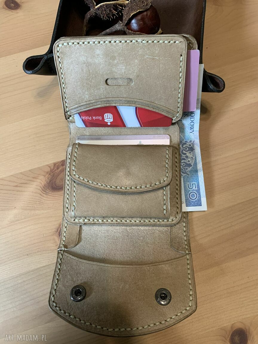 portfele: Beżowy portfel damski na bilon ze skóry ręcznie uszyty. Handmade