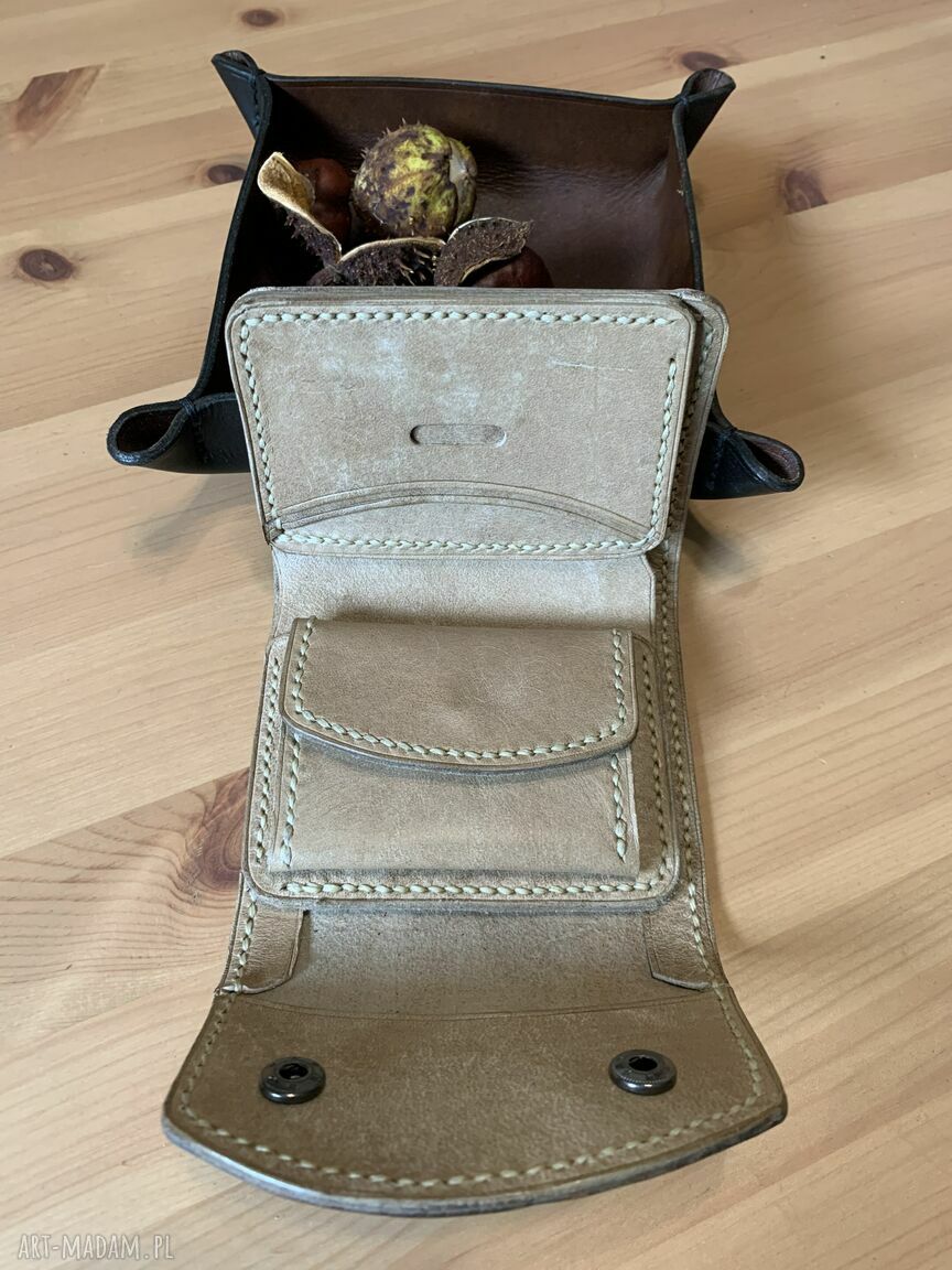 Beżowy portfel damski bilon skóry ręcznie uszyty prezent karty