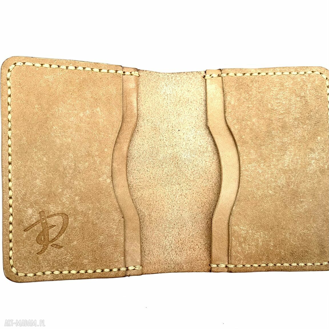 Beżowy portfel karty skóry uszyty ręcznie mały damski klasyczny