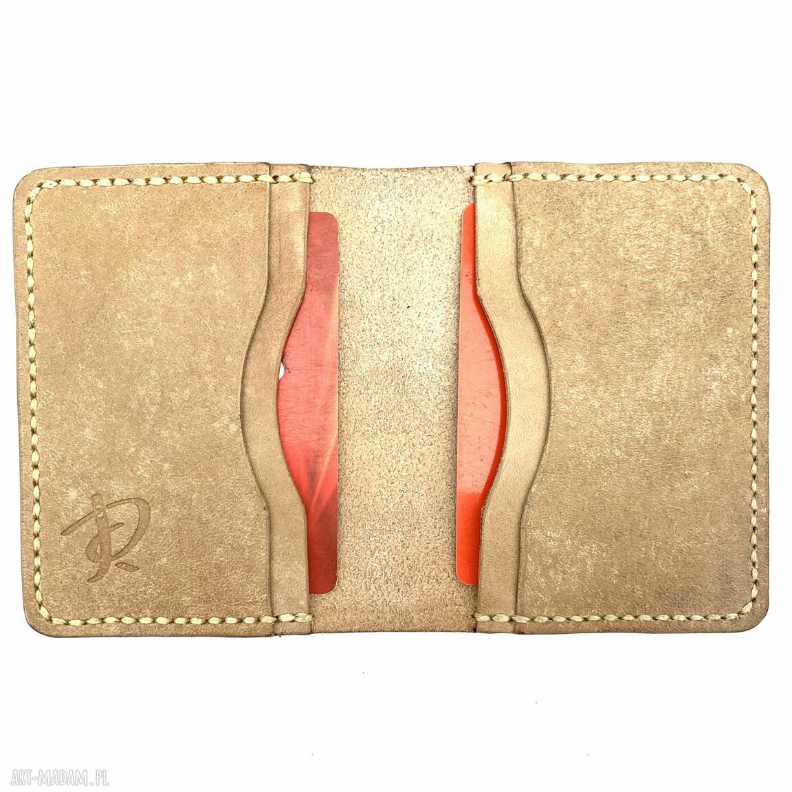 portfele: Beżowy portfel na karty ze skóry uszyty ręcznie. robione
