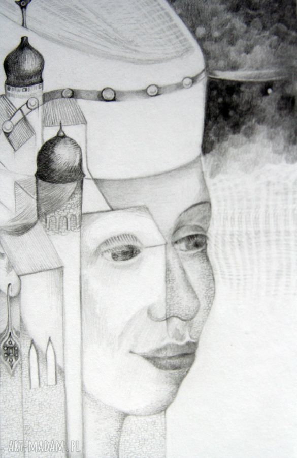Biała Dama - średniowiecze i zamek. Rysunek ołówkiem na białym kartonie 24 x 38 cm