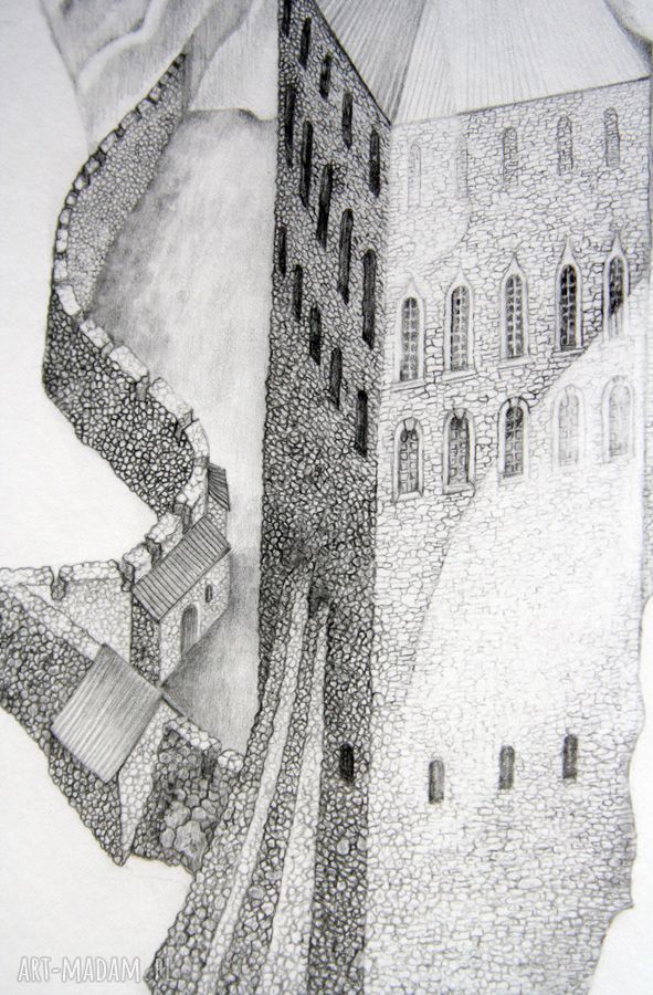 Biała Dama - średniowiecze i zamek. Rysunek ołówkiem na białym kartonie 24 x 38 cm