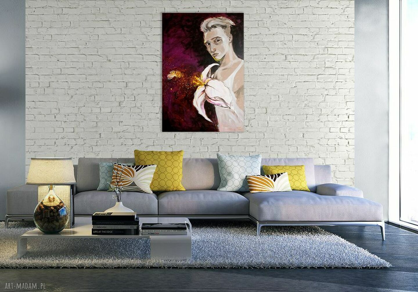 Biała Lilia - obraz akrylowy 100x70 z pszczołą