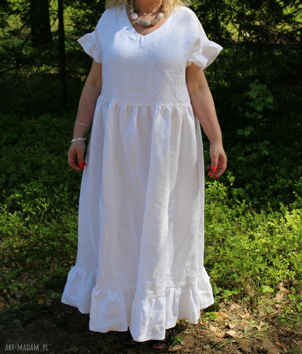 Biała lniana sukienka boho z falbanami (100% len) - oversize