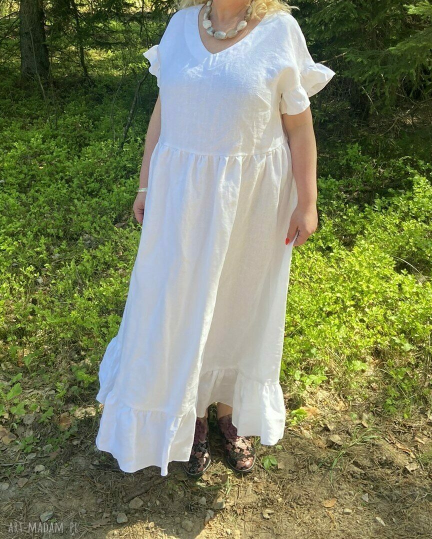 Biała lniana sukienka boho z falbanami (100% len) - oversize